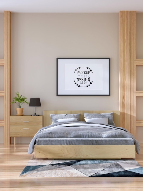 PSD poster frame mockup interior en un dormitorio