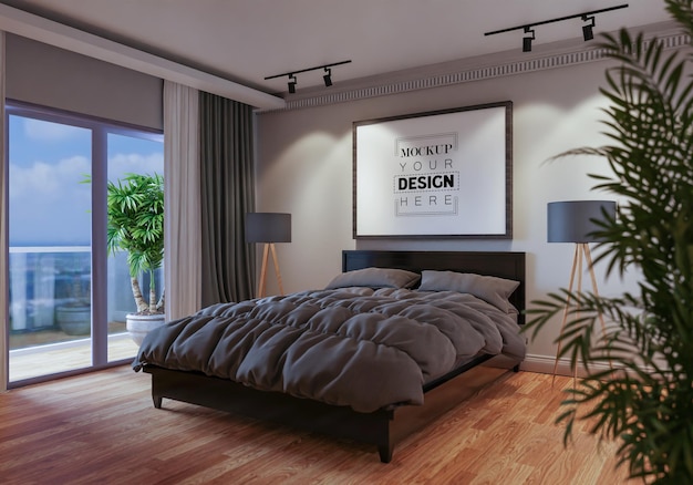 PSD poster frame mockup interior en un dormitorio