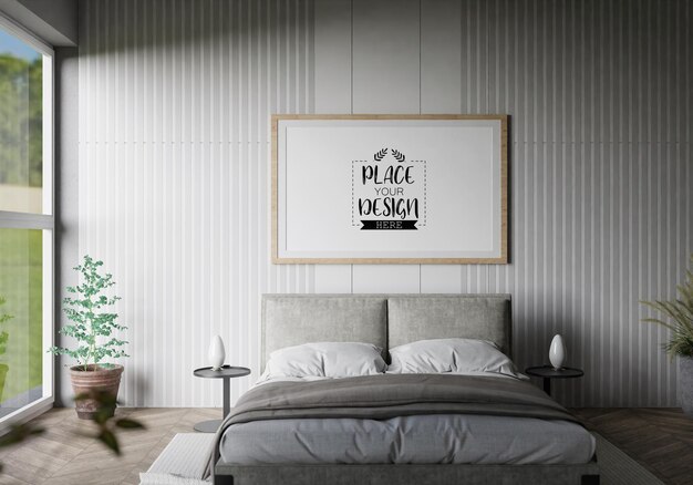 Poster frame mockup interior en un dormitorio