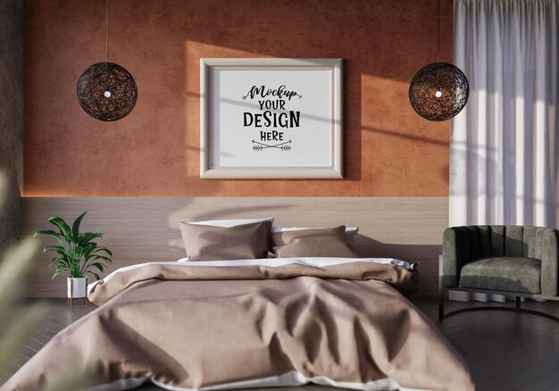 Poster frame mockup interior en un dormitorio