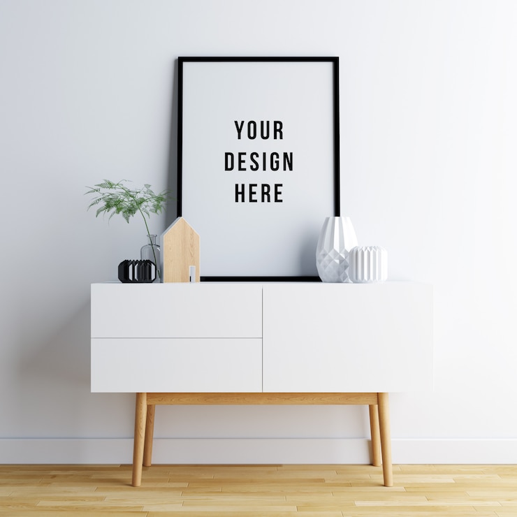 PSD poster frame mockup interior with decorations