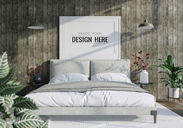 Poster Frame Mockup interno in una camera da letto