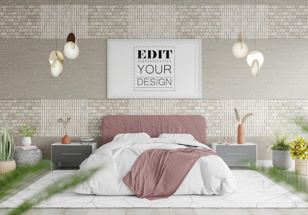 Poster Frame Mockup interno in una camera da letto