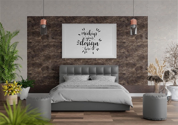 Poster Frame Mockup interno in una camera da letto