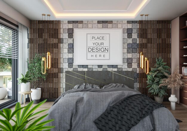 Poster Frame Mockup interno in una camera da letto