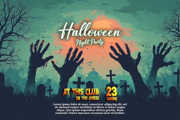 Poster für eine Halloween-Party mit den Händen, die sich zum Himmel erstrecken