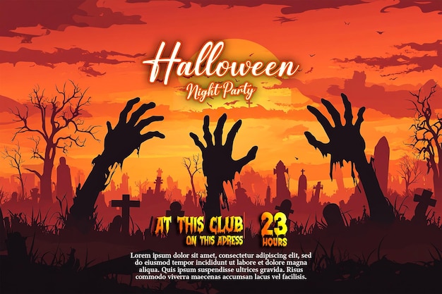 Poster für eine Halloween-Party mit Händen auf dem Boden und den Worten "Halloween-Party" auf der Unterseite