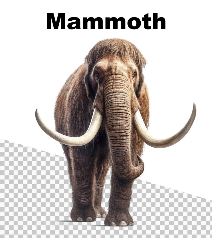 PSD un póster de un gran mamut con fondo transparente y la palabra mamut en la parte superior