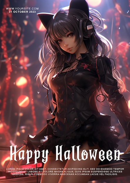 Un póster de Halloween de tamaño A4 con una chica feliz de Halloween