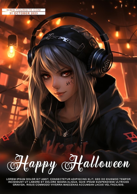 PSD un póster de halloween de tamaño a4 con una chica feliz de halloween