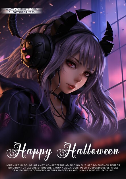 PSD un póster de halloween de tamaño a4 con una chica feliz de halloween