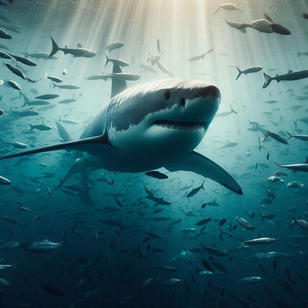 PSD poster d'illustration hyperréaliste d'art vectoriel grand requin blanc postrait de mer bleue mâchoire eau ouverte