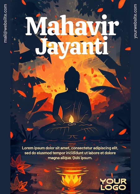 PSD poster avec l'illustration de mahavir jayanti au coucher du soleil