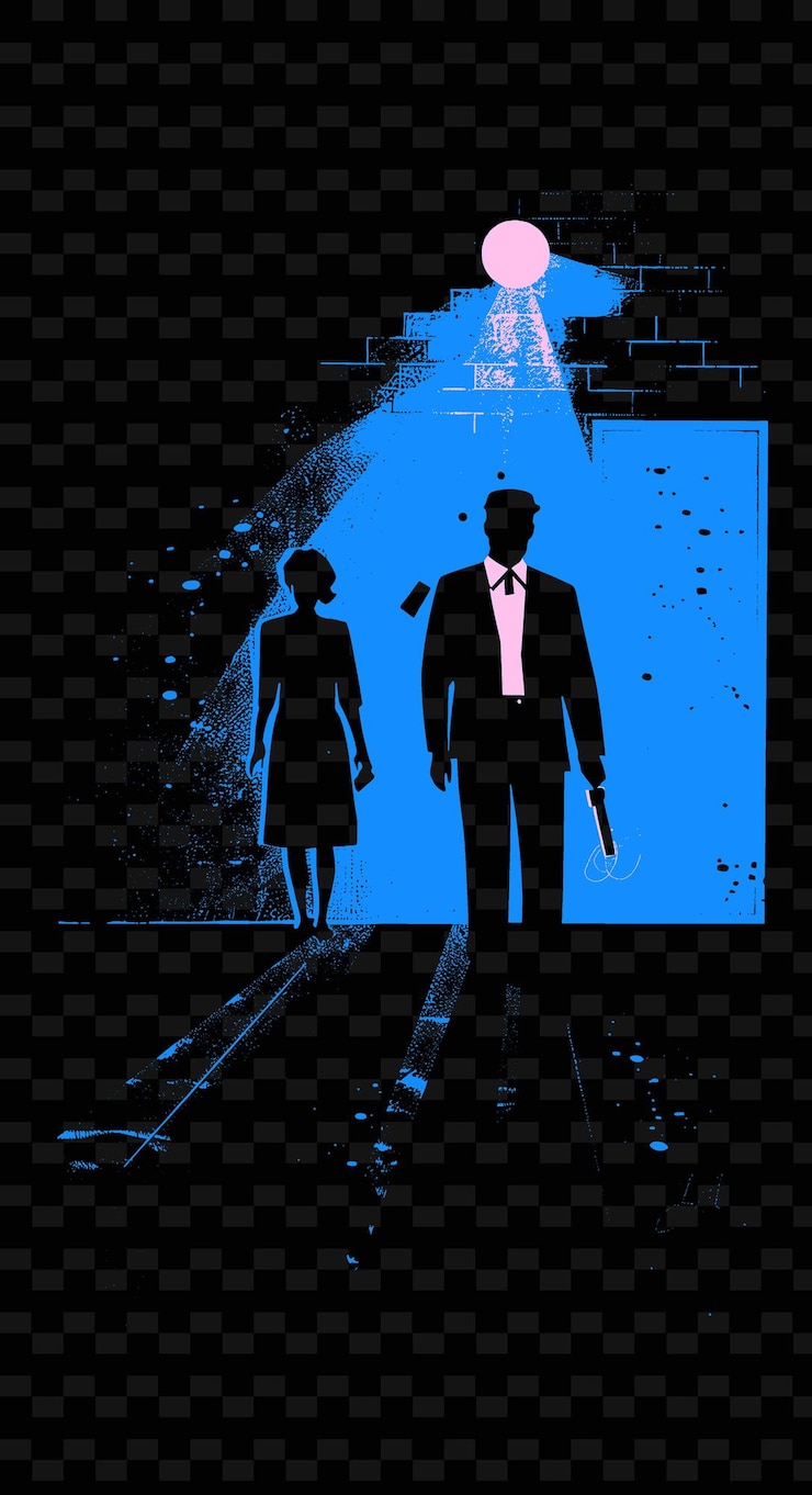 PSD poster ispirato al film noir con illuminazione drammatica e disegni di illustrazioni creative ombreggiate