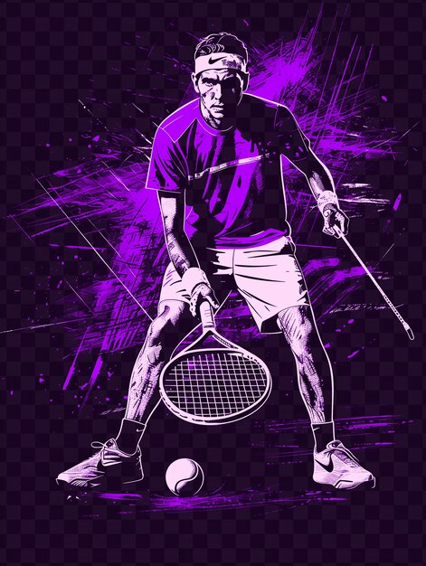 PSD un póster de un jugador de tenis con una pelota y un fondo púrpura