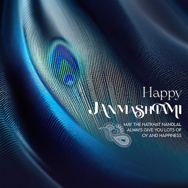 Poster de Krishna Janmashtami con plumas de pavo real impresas en tela