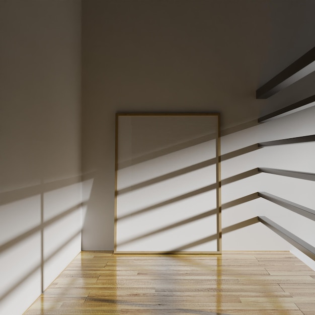 póster de maqueta de marco estético en la habitación vacía iluminada por la luz del sol renderización 3D ilustración 3D plantilla