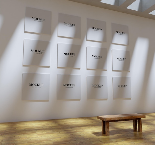 Póster de maqueta de marco de fotos de lienzo múltiple en la pared blanca de la maqueta de marco cuadrado de la galería de arte.