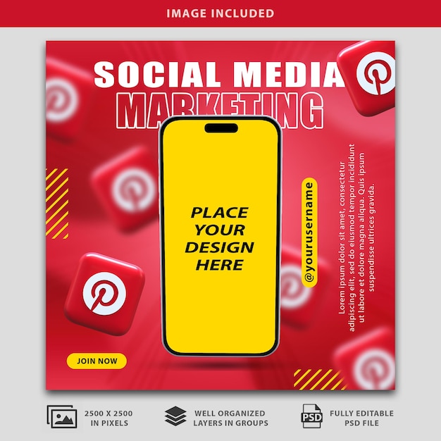 póster de marketing de redes sociales de pinterest maqueta de psd