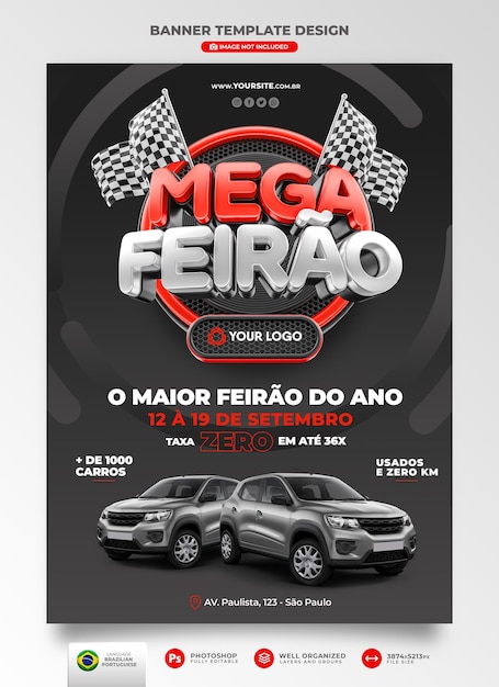 Poster Mega Car Fair En Portugais Rendu 3d Pour Une Campagne De Marketing Au Brésil