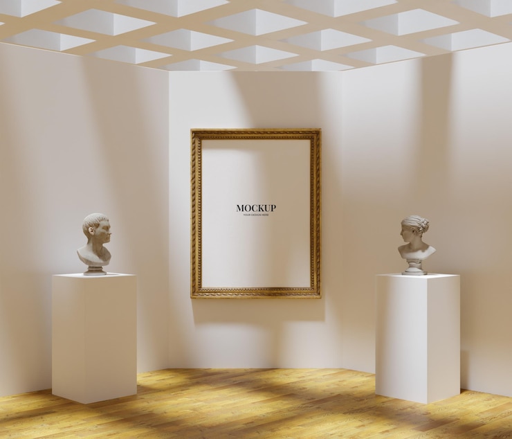 PSD poster mockup classico ed elegante con cornice in legno in mezzo alla statua appesa al muro del museo per foto