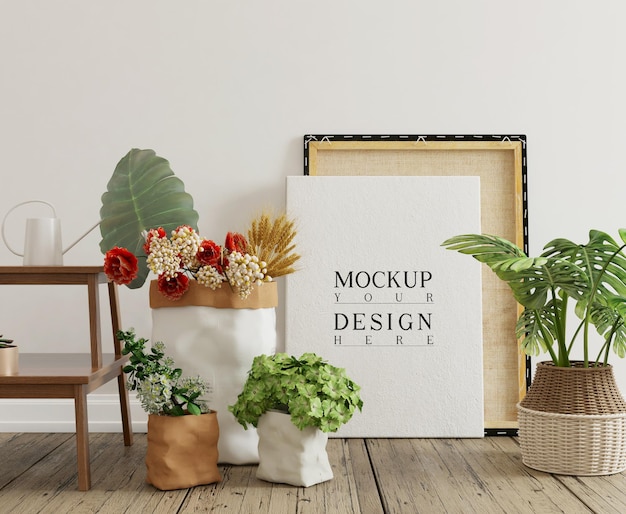 poster mockup in interni semplici con decorazioni e fiori