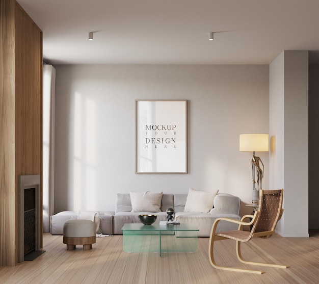 Poster-Mockup in wunderschönem modernen skandinavischen Wohnzimmer-Hintergrund 3D-Rendering