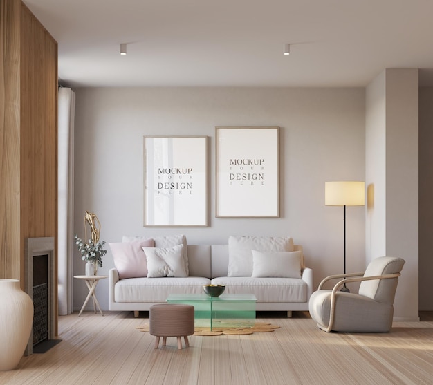 Poster-Mockup in wunderschönem modernen skandinavischen Wohnzimmer-Hintergrund 3D-Rendering