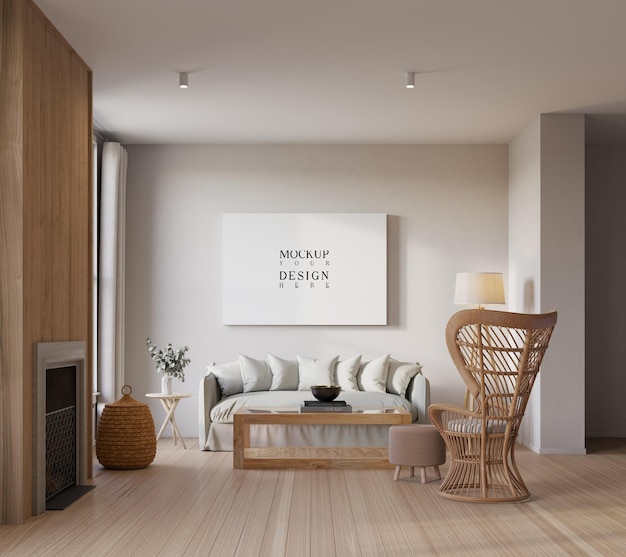 Poster-Mockup in wunderschönem modernen skandinavischen Wohnzimmer-Hintergrund 3D-Rendering