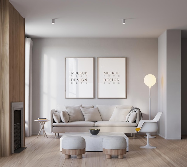 Poster-Mockup in wunderschönem modernen skandinavischen Wohnzimmer-Hintergrund 3D-Rendering