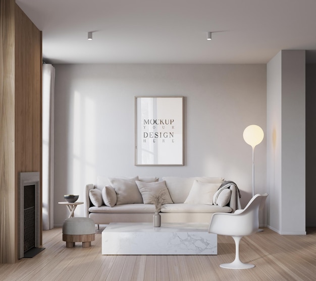 Poster-Mockup in wunderschönem modernen skandinavischen Wohnzimmer-Hintergrund 3D-Rendering