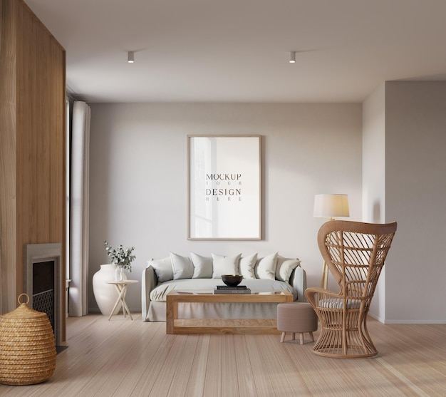 Poster-Mockup in wunderschönem modernen skandinavischen Wohnzimmer-Hintergrund 3D-Rendering