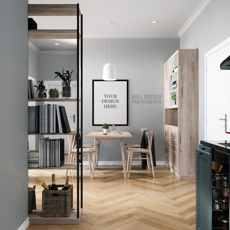 PSD poster mockup & wall mockup sfondo sala da pranzo scandinava interna