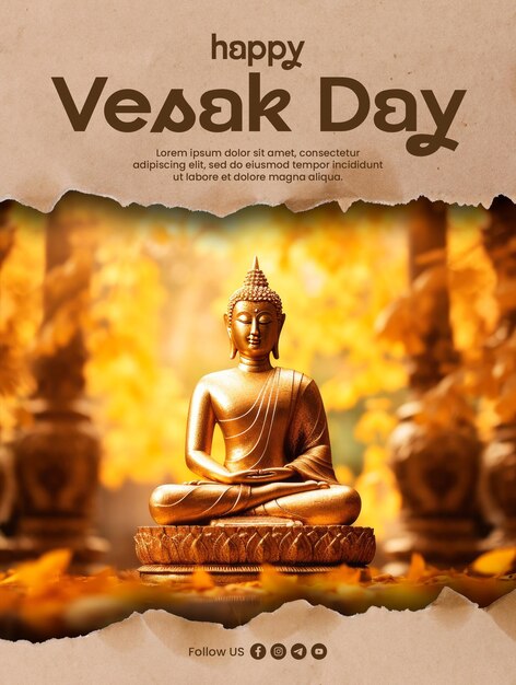 PSD poster de modèle de jour de vesak heureux avec des feuilles et un fond de bouddha