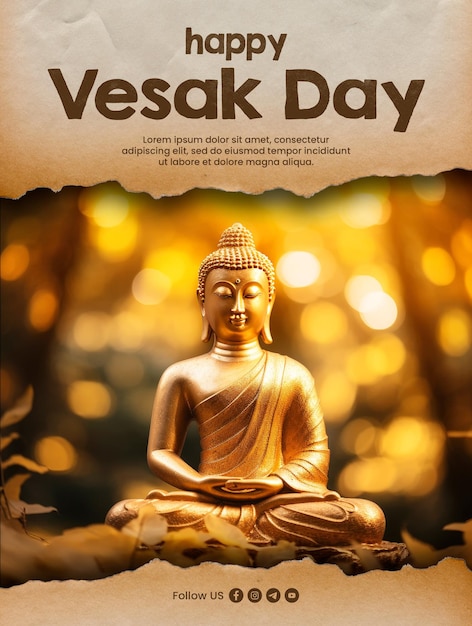 PSD poster de modèle de jour de vesak heureux avec des feuilles et un fond de bouddha