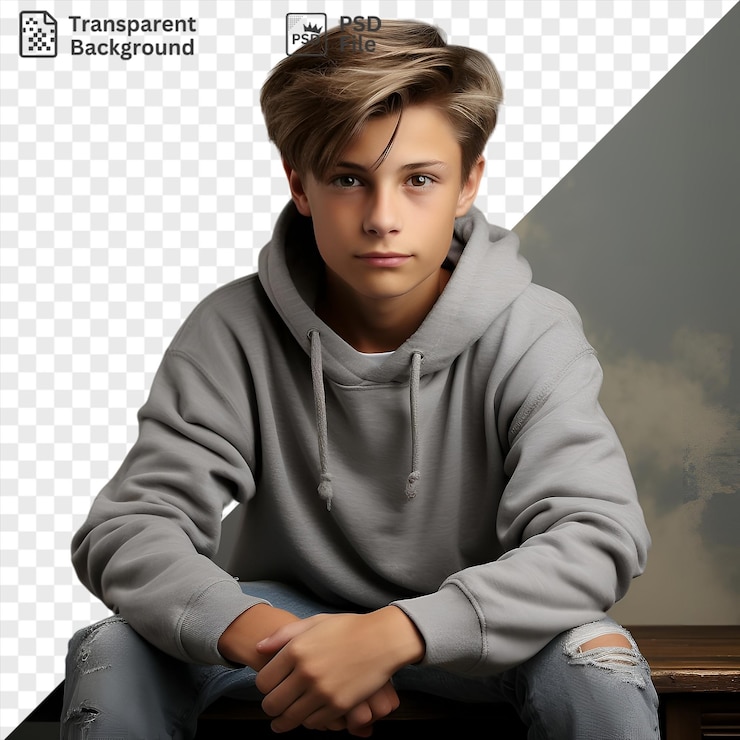 PSD poster motivazionali di consiglieri giovanili fotografici realistici con un ragazzino dai capelli castani e jeans blu che tiene una mano al viso con un piccolo orecchio visibile nel