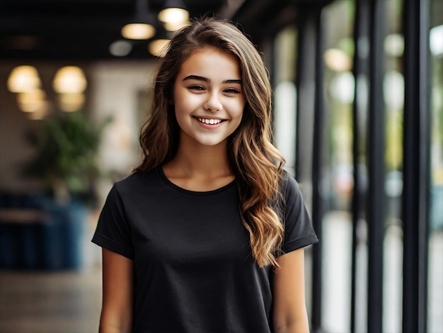 PSD póster de una mujer adolescente sonriente de pie con una camiseta usando un teléfono inteligente