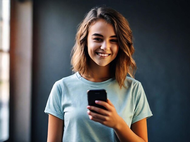 PSD póster de una mujer adolescente sonriente de pie con una camiseta usando un teléfono inteligente