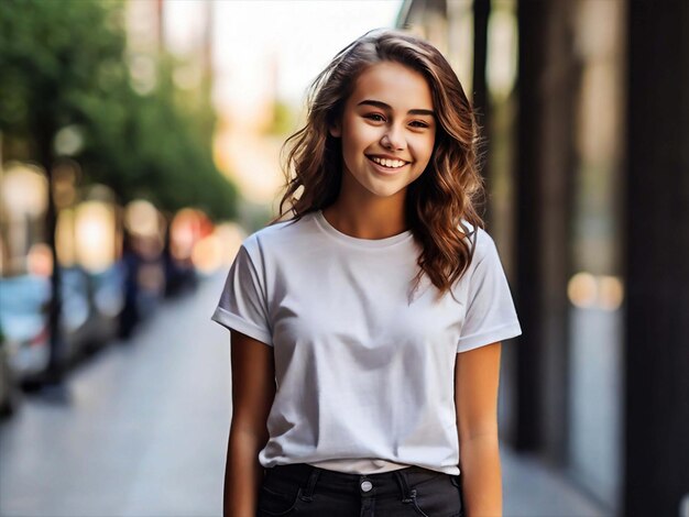 PSD póster de una mujer adolescente sonriente de pie con una camiseta usando un teléfono inteligente