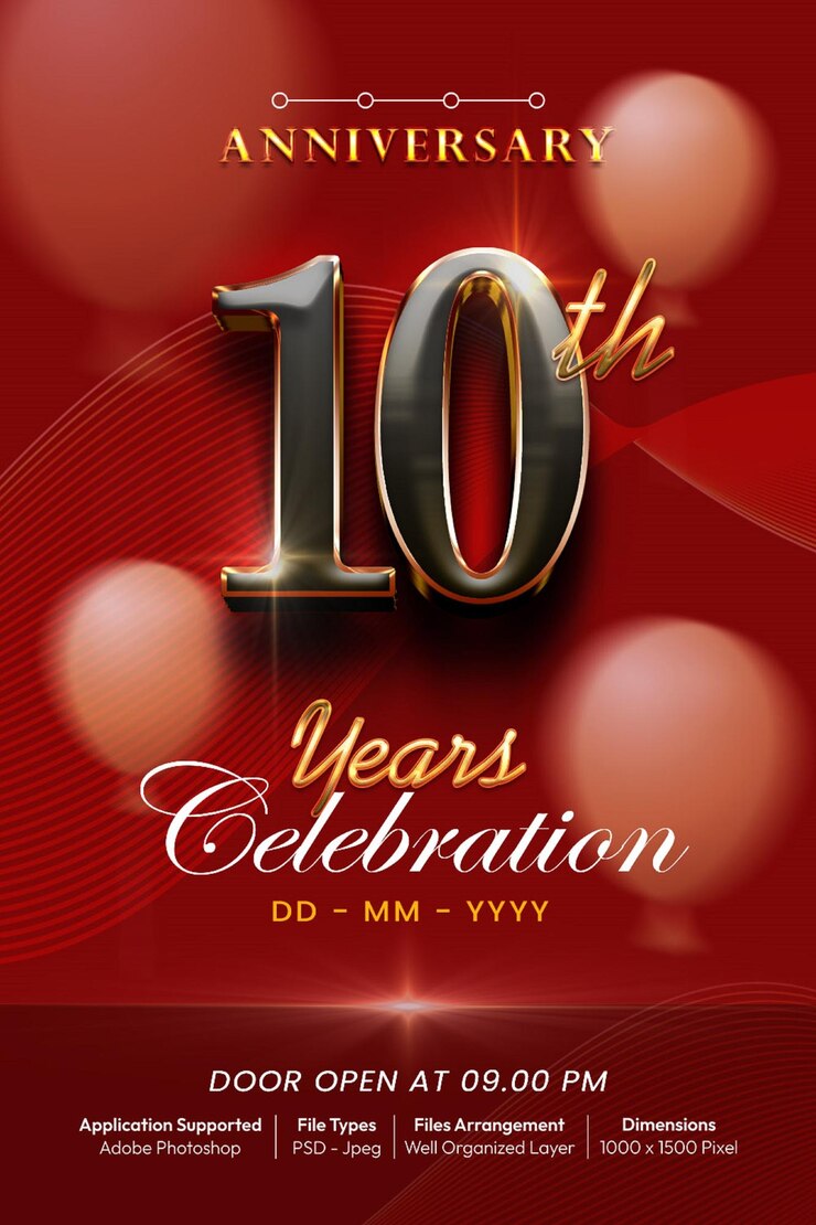 PSD poster o banner per l'anniversario di 10 anni con numero di testo modificabile in stile 3d