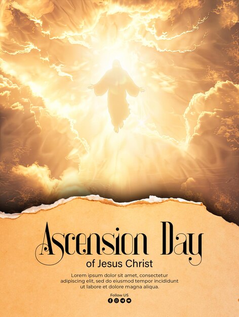 PSD poster of the ascension of jesus christ with a shining silhouette in the clouds background