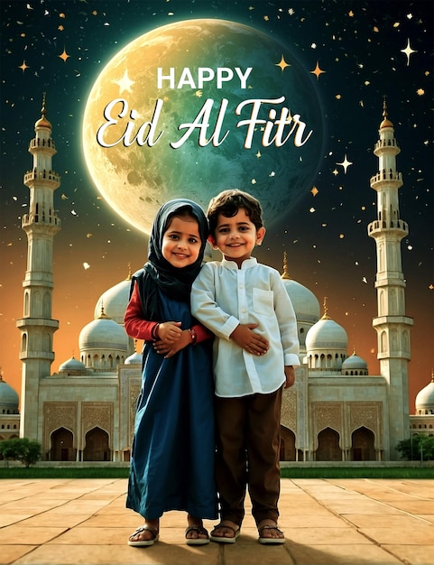 PSD poster ou banner de eidalfitr mubarak com ilustração de jovens se abraçando em occ