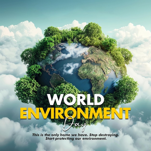Poster y pancarta del día mundial del medio ambiente con el mundo verde con fondo de árbol