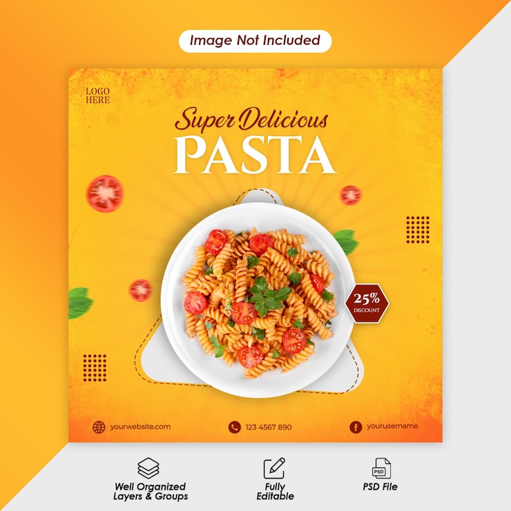 PSD un póster de pasta súper deliciosa con un tazón de tomates y una imagen de la pasta.