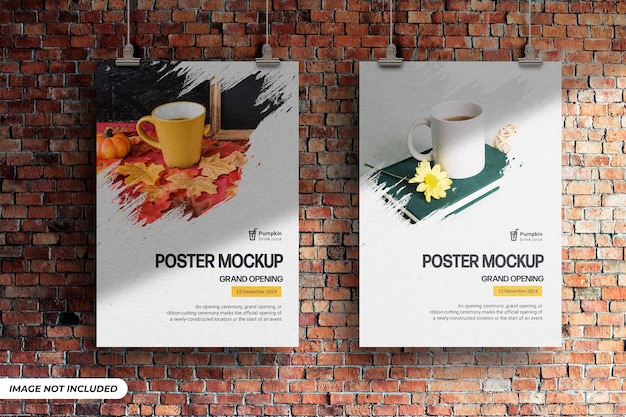 Poster pendurado em fundo de parede de tijolos Modelo PSD editável