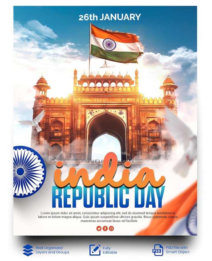 PSD poster per la celebrazione della giornata della repubblica dell'india