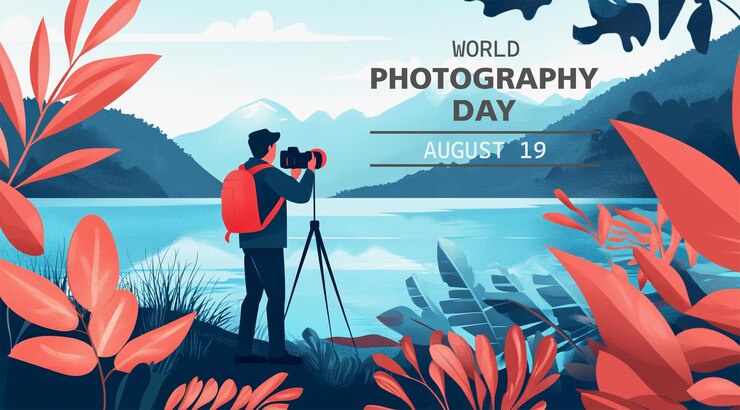 PSD poster per la giornata mondiale della fotografia con un uomo che scatta una foto
