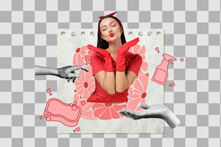 PSD poster de png chica de collage en estilo retro enviando un beso con sus manos aisladas sobre un fondo blanco