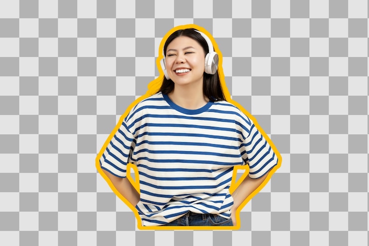 PSD poster de png collaje de chica feliz con auriculares aislada sobre un fondo blanco