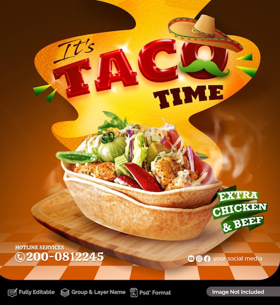 Poster promocional de tacos deliciosos de psd plantilla de banner de las redes sociales